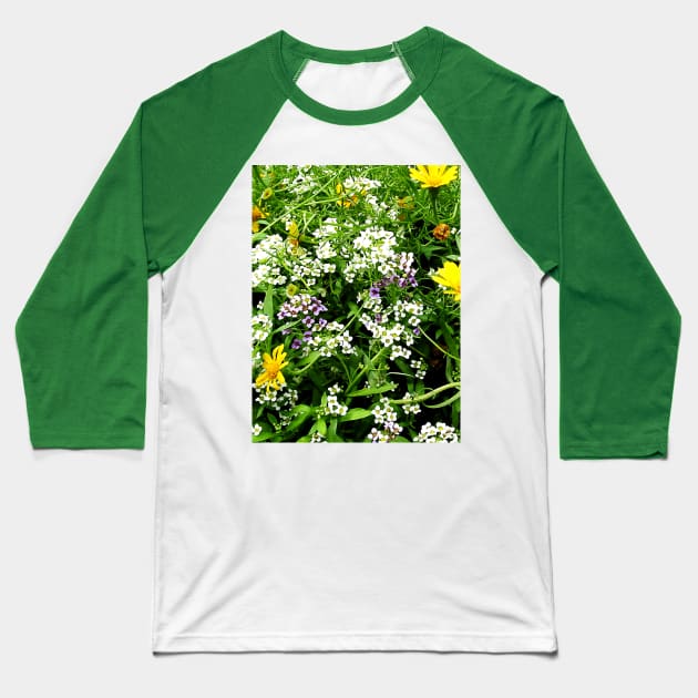 White, Lavender and Yellow Wild Flowers Baseball T-Shirt by SusanSavad